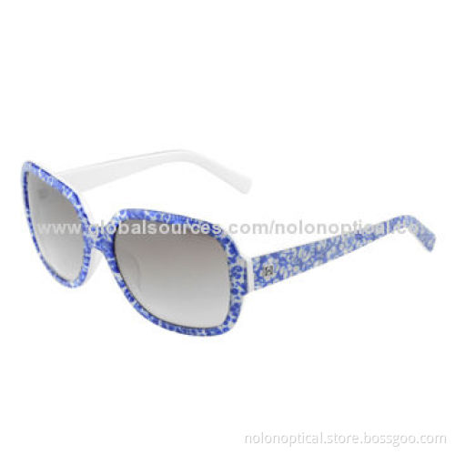 Floral acetate sunglasses with blue and white porcelain, 100% UV protection sun lens